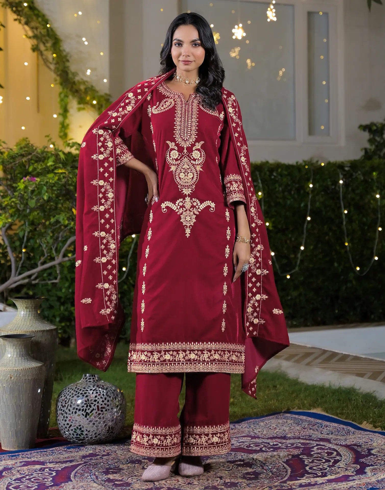 Velvet Embroidered Straight 3 Piece Kurta Set