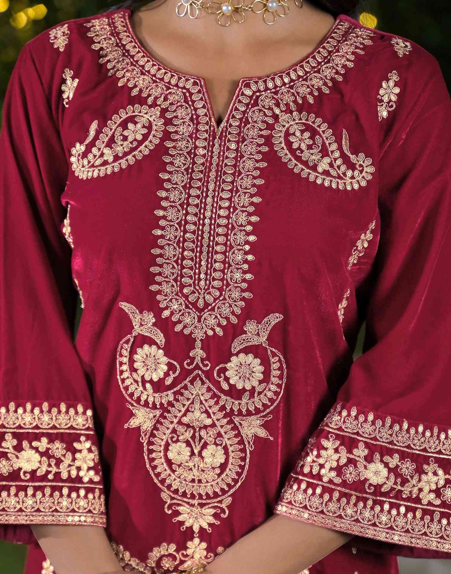 Velvet Straight Embroidered V-Neck Kurta with Pant & Dupatta