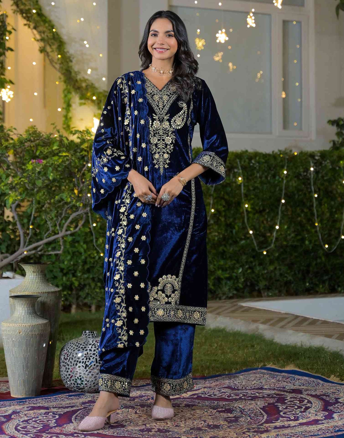 Velvet Straight Embroidered V-Neck Kurta with Pant & Dupatta
