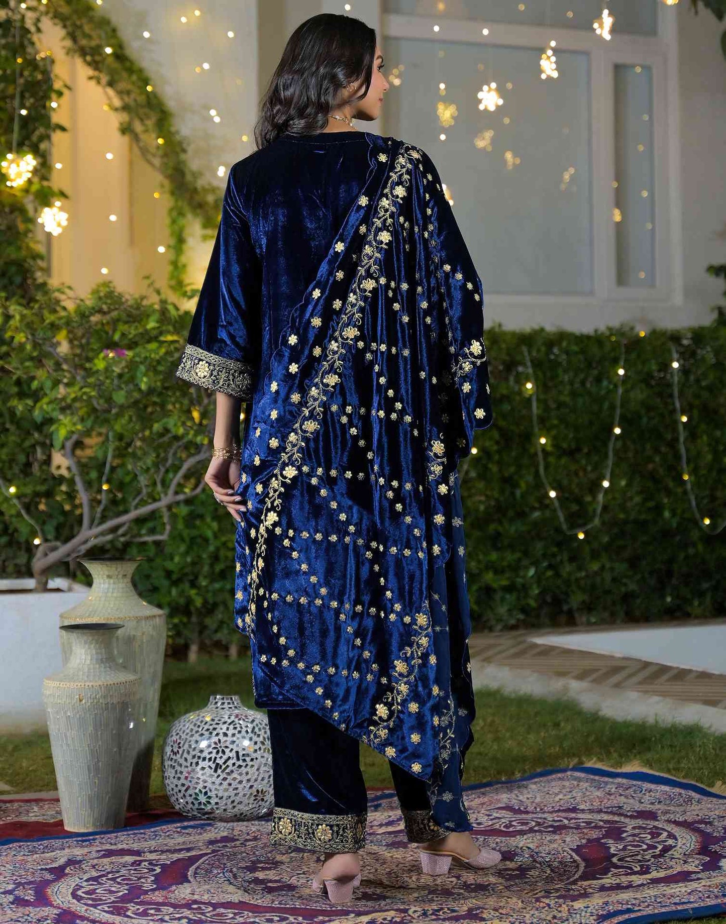 Velvet Straight Embroidered V-Neck Kurta with Pant & Dupatta