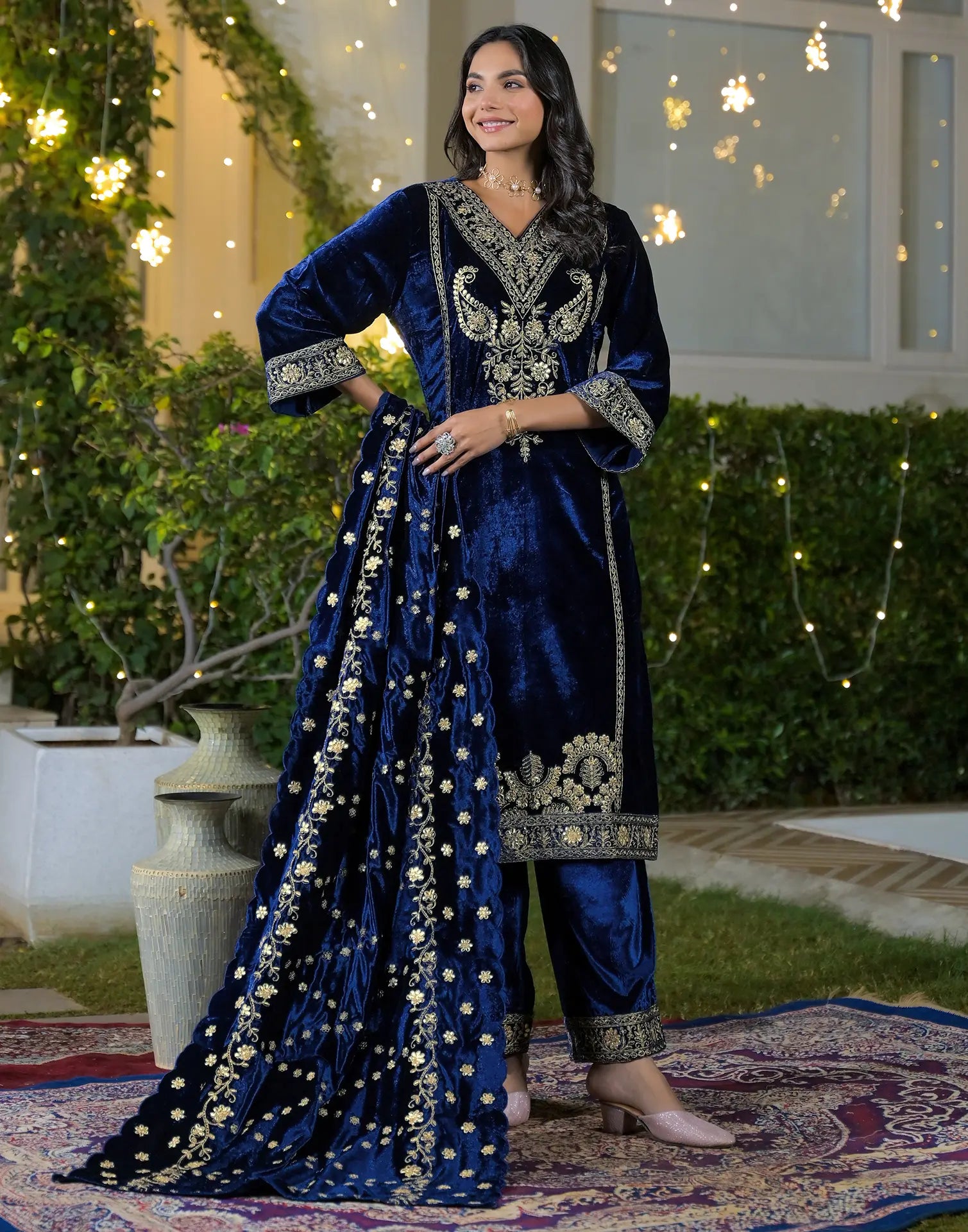 Velvet Embroidered Straight 3 Piece Kurta Set