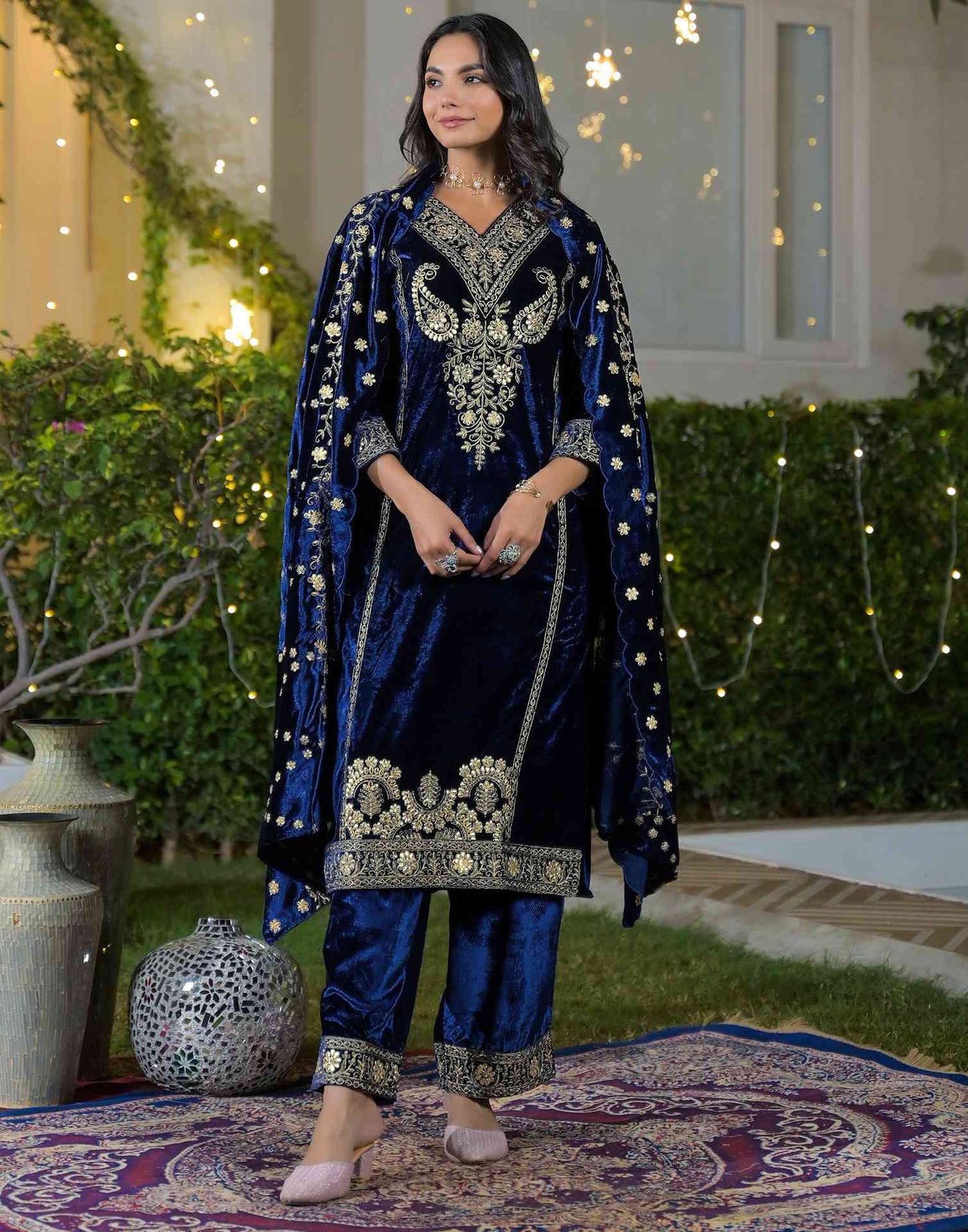 Velvet Straight Embroidered V-Neck Kurta with Pant & Dupatta