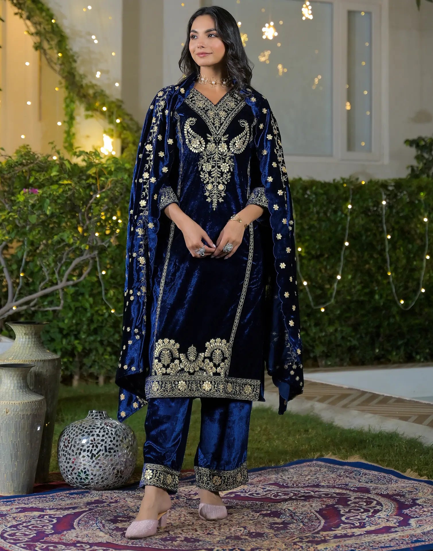 Velvet Embroidered Straight 3 Piece Kurta Set