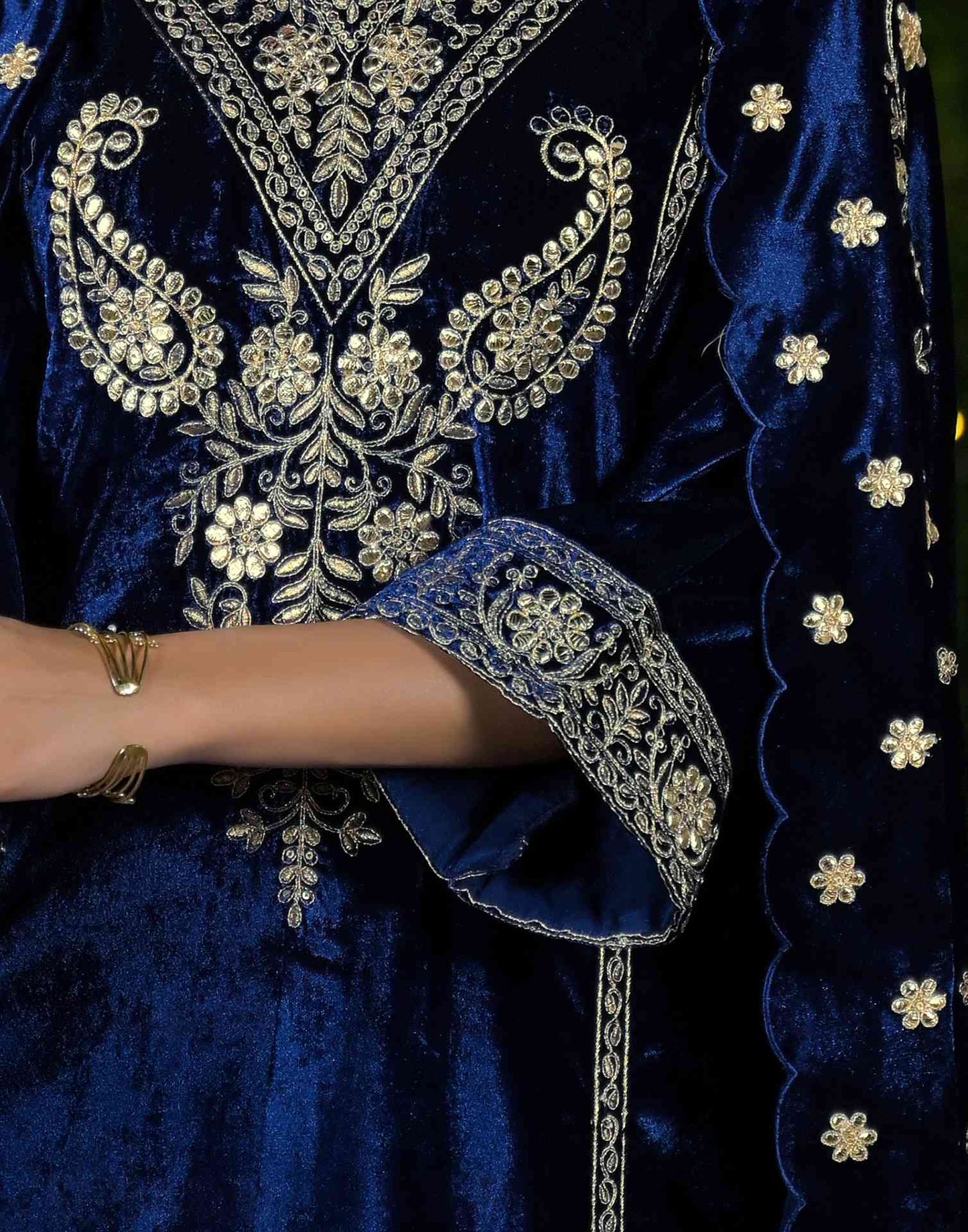 Velvet Straight Embroidered V-Neck Kurta with Pant & Dupatta