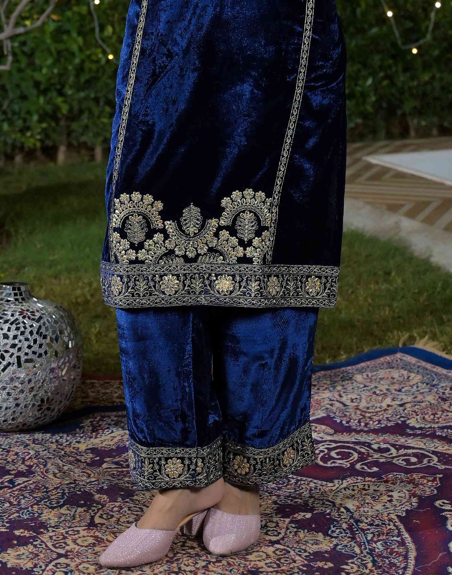 Velvet Straight Embroidered V-Neck Kurta with Pant & Dupatta