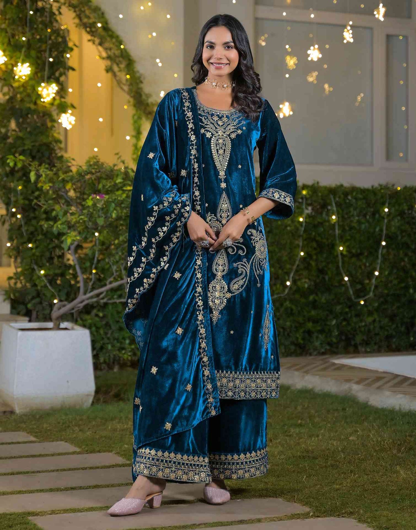 Velvet Straight Embroidered Round Neck Kurta with Pant & Dupatta