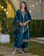 Velvet Embroidered Straight 3 Piece Kurta Set