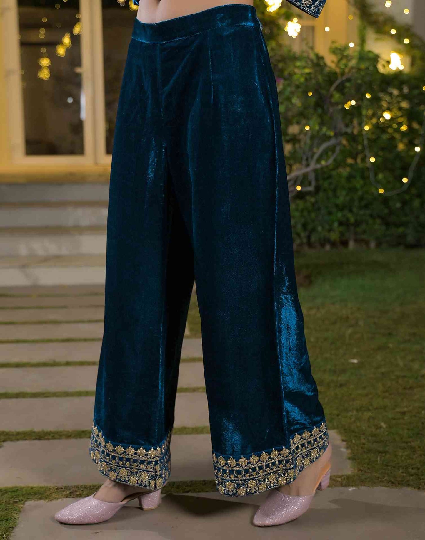 Velvet Straight Embroidered Round Neck Kurta with Pant & Dupatta