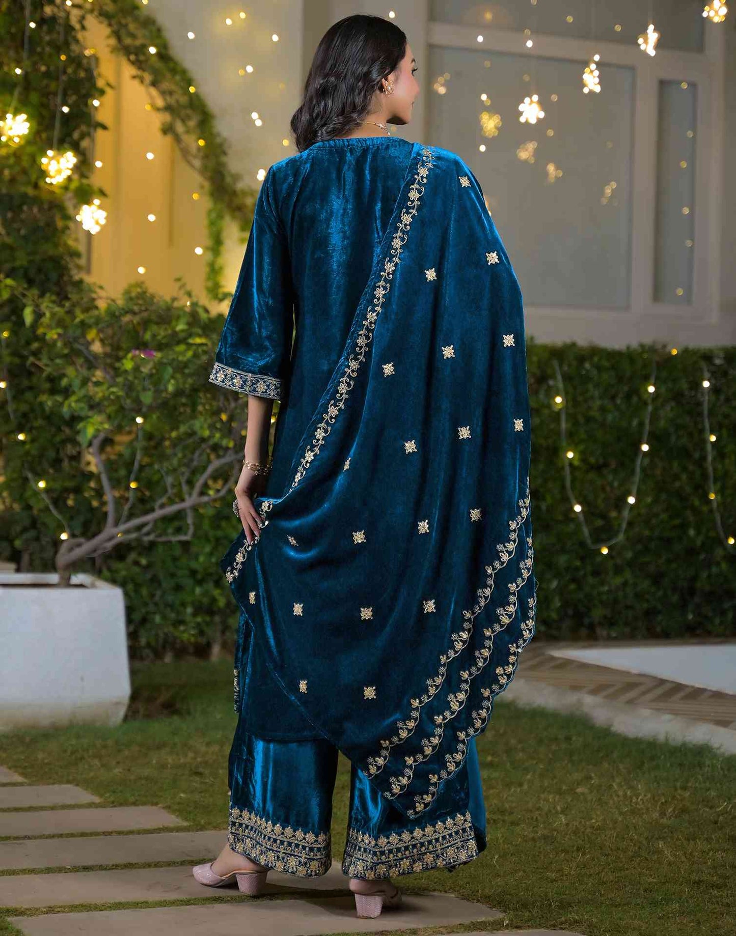 Velvet Straight Embroidered Round Neck Kurta with Pant & Dupatta