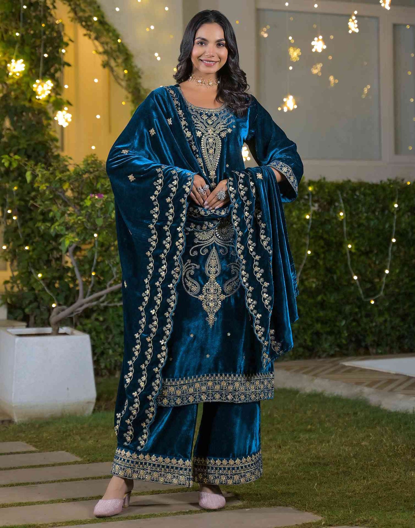 Velvet Straight Embroidered Round Neck Kurta with Pant & Dupatta