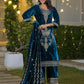 Velvet Straight Embroidered Round Neck Kurta with Pant & Dupatta