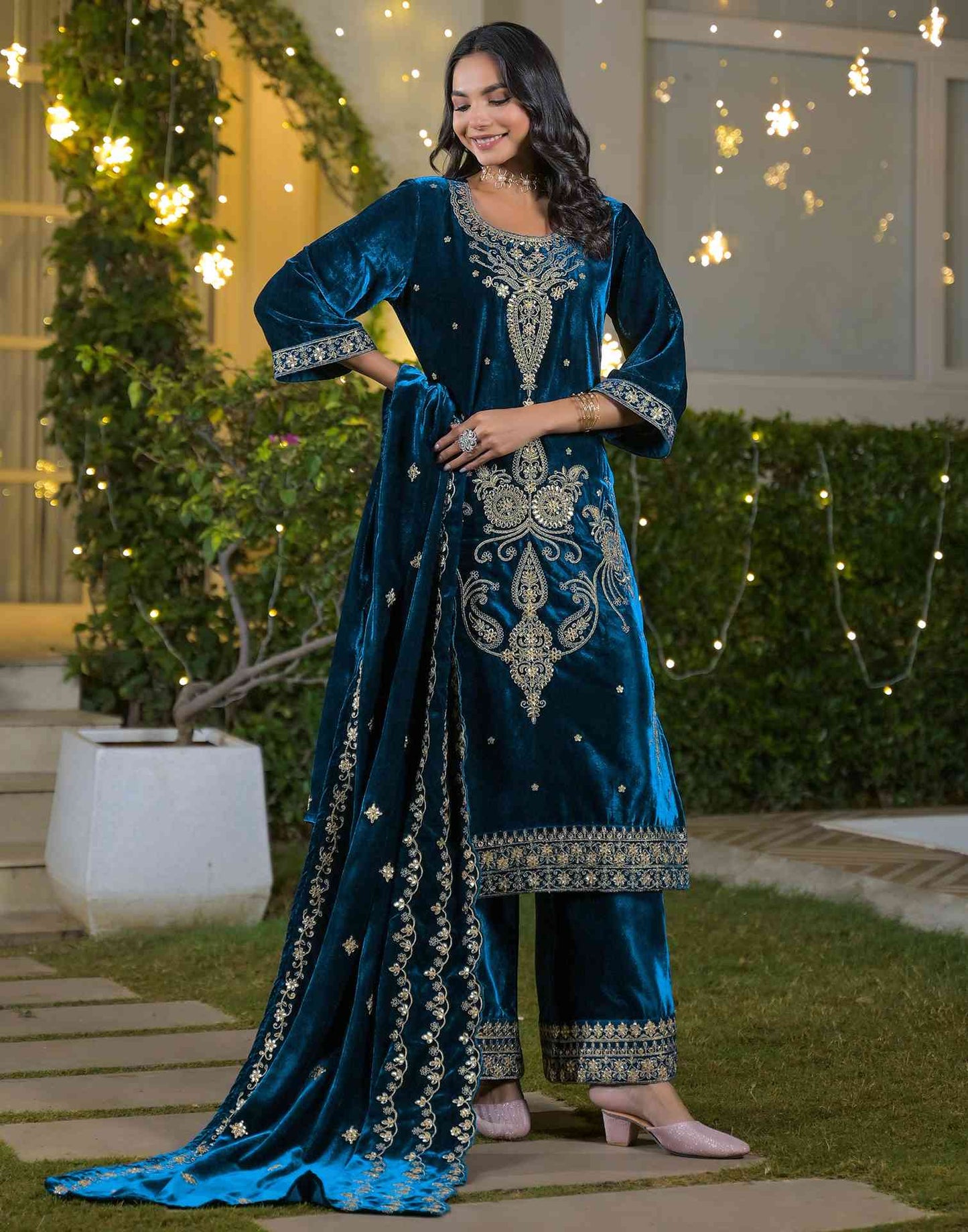 Velvet Straight Embroidered Round Neck Kurta with Pant & Dupatta