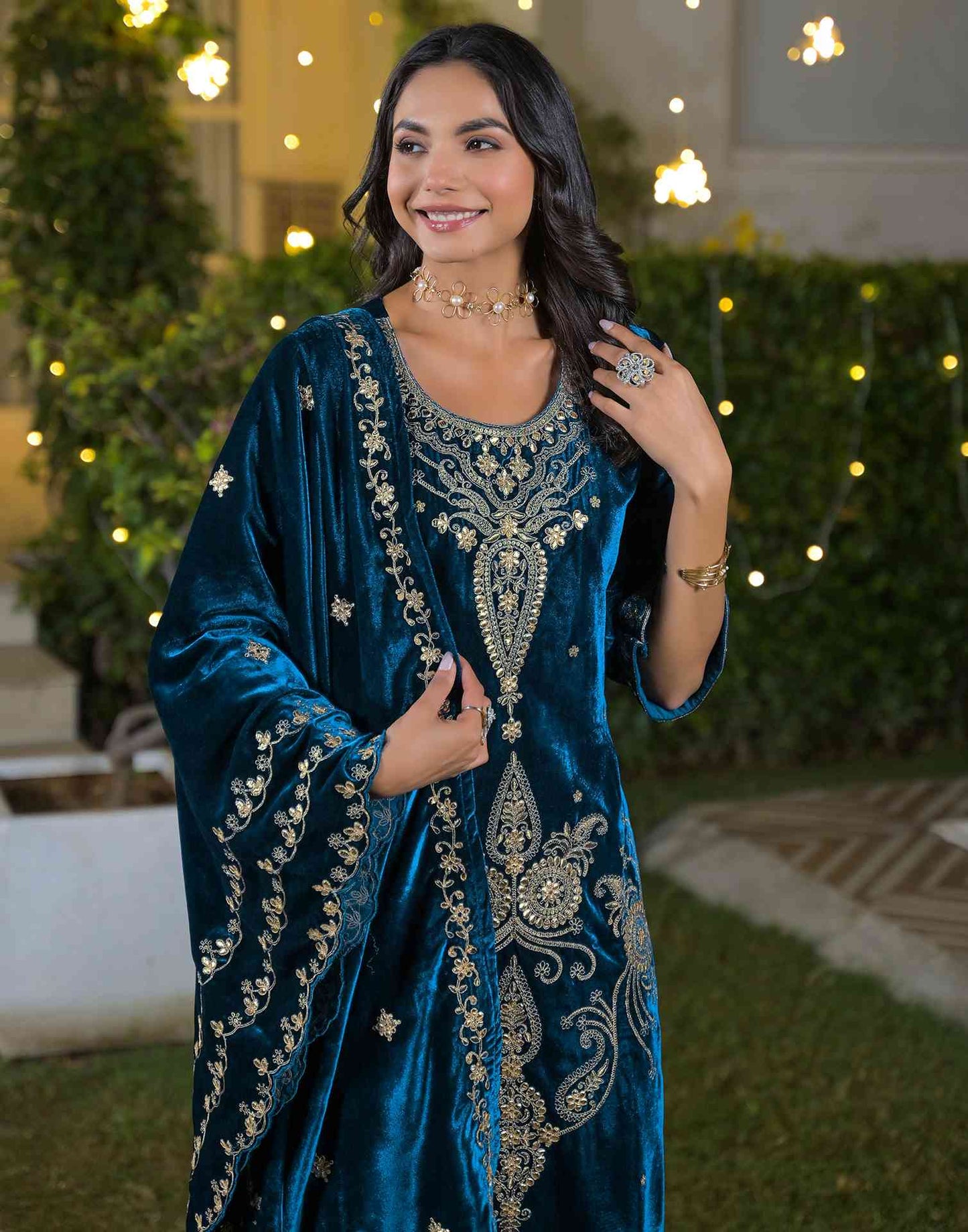Velvet Straight Embroidered Round Neck Kurta with Pant & Dupatta