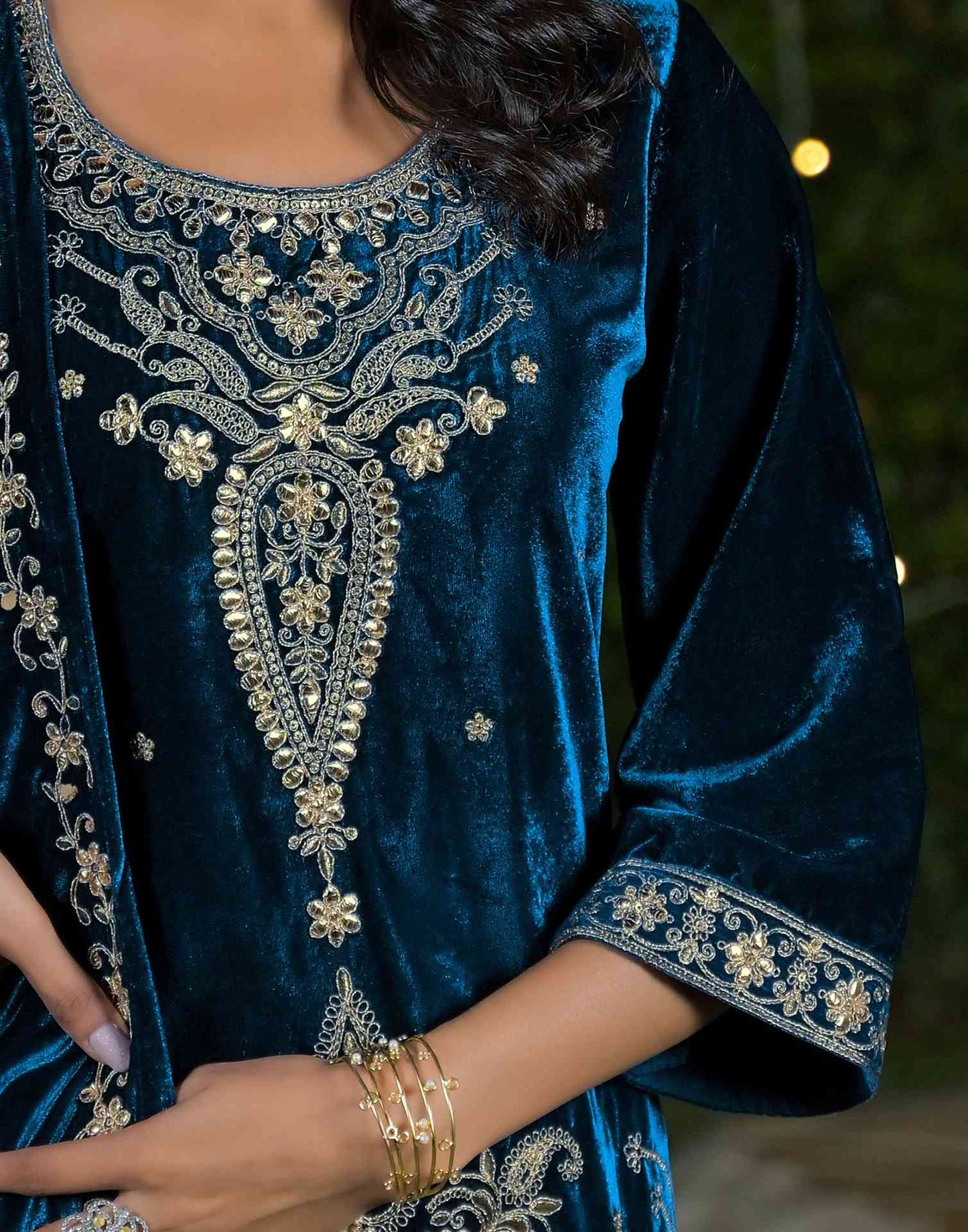 Velvet Straight Embroidered Round Neck Kurta with Pant & Dupatta