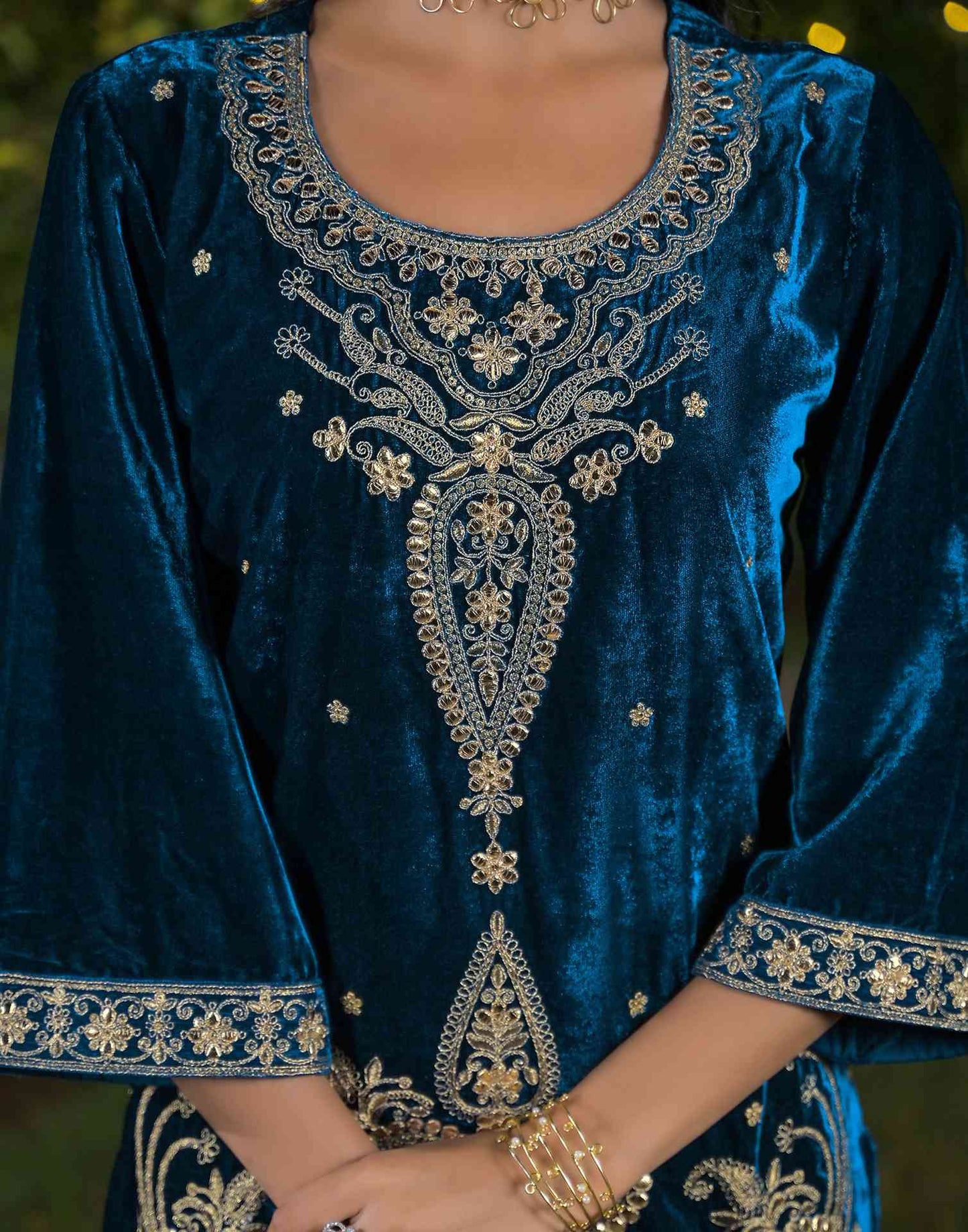 Velvet Straight Embroidered Round Neck Kurta with Pant & Dupatta