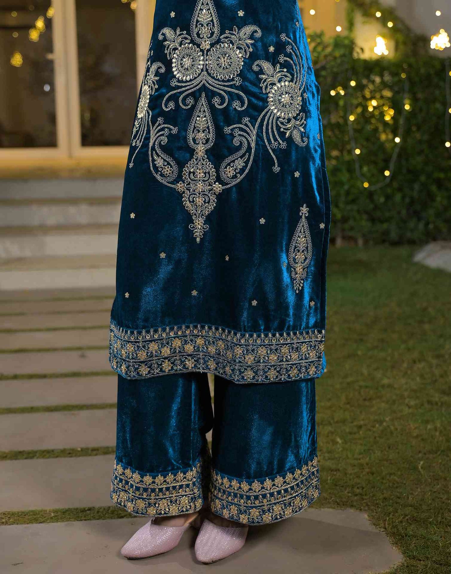 Velvet Straight Embroidered Round Neck Kurta with Pant & Dupatta