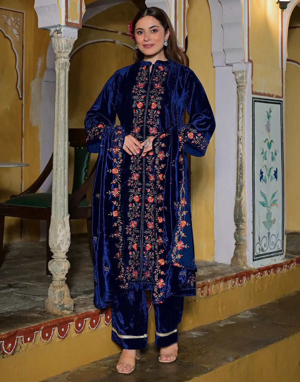 Velvet Embroidered Straight 3 Piece Kurta Set