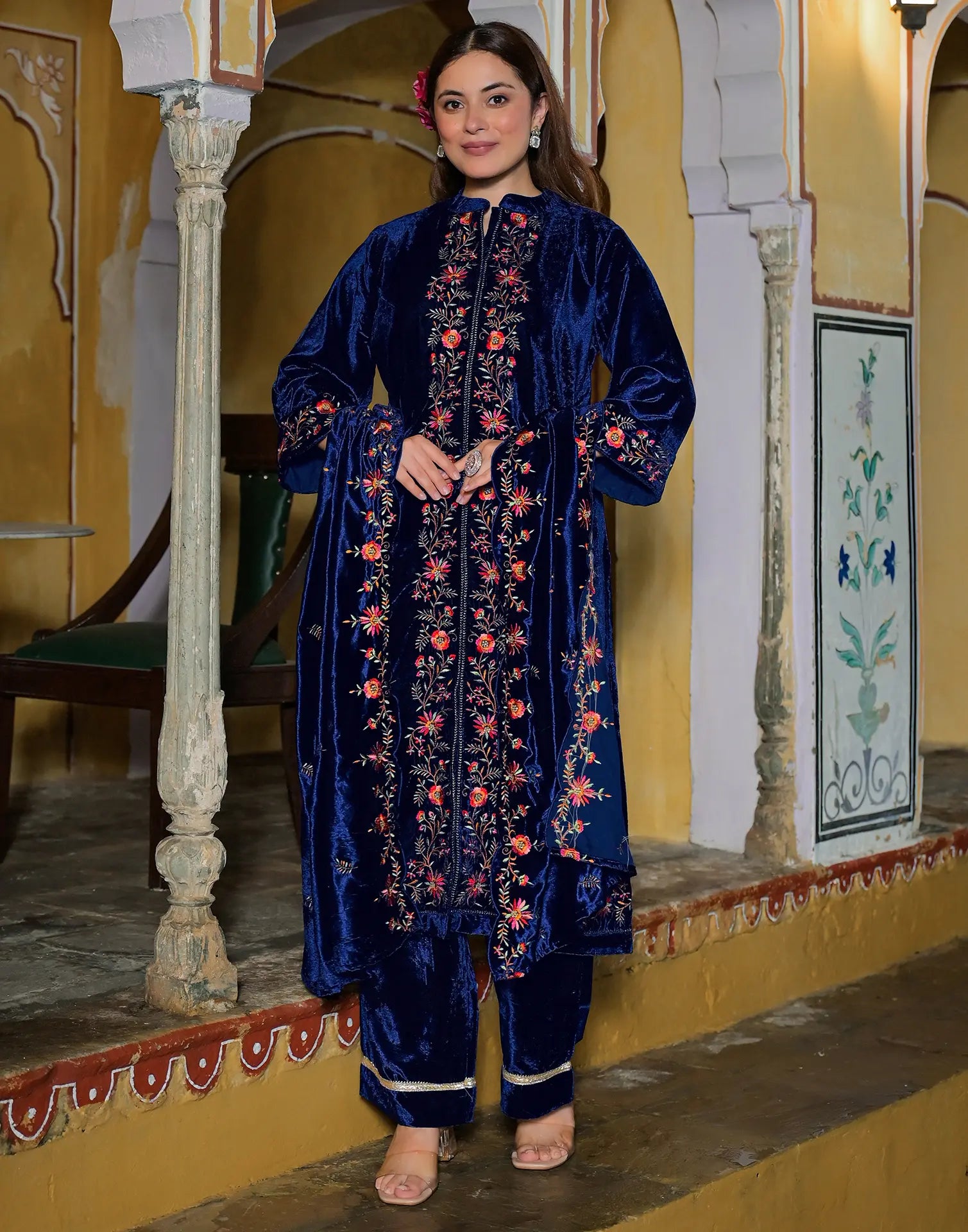 Velvet Embroidered Straight 3 Piece Kurta Set