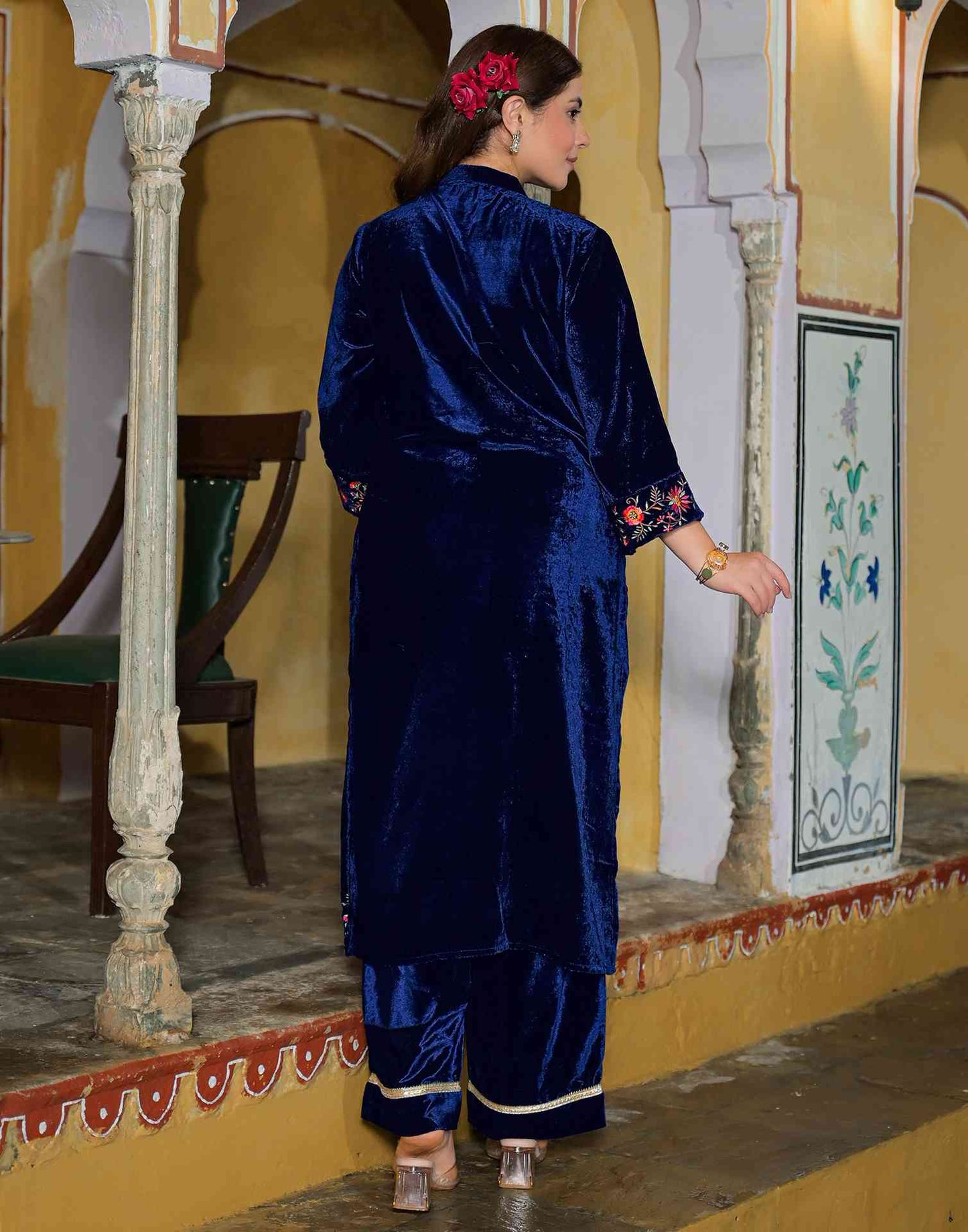Velvet Straight Embroidered Boat Neck Kurta with Pant & Dupatta
