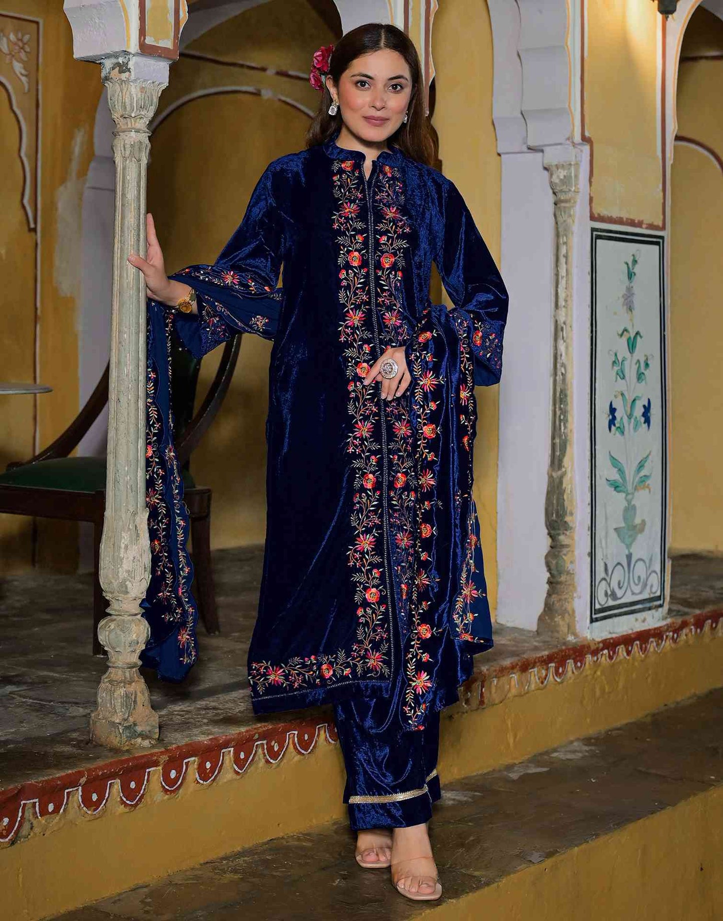 Velvet Straight Embroidered Boat Neck Kurta with Pant & Dupatta