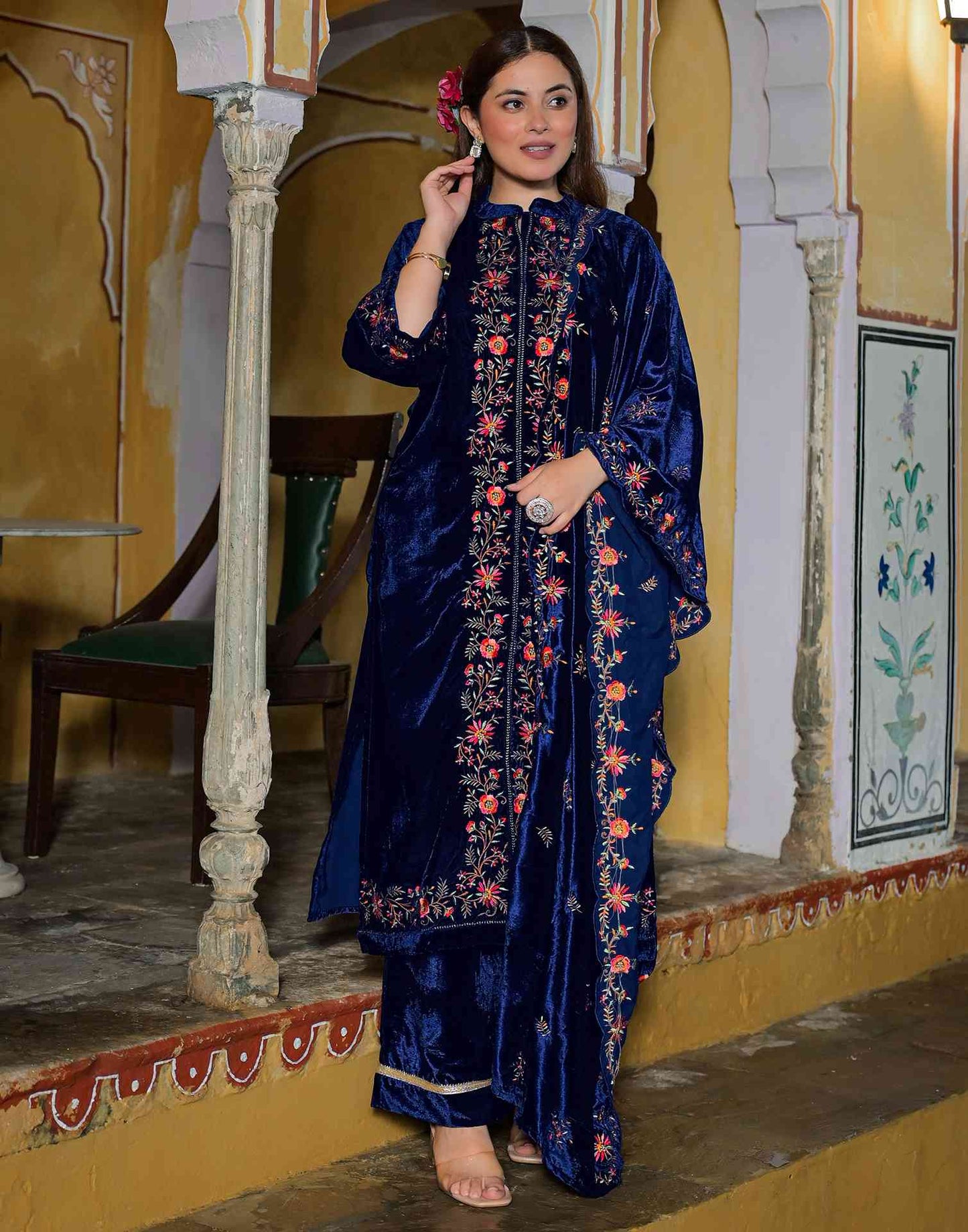 Velvet Straight Embroidered Boat Neck Kurta with Pant & Dupatta