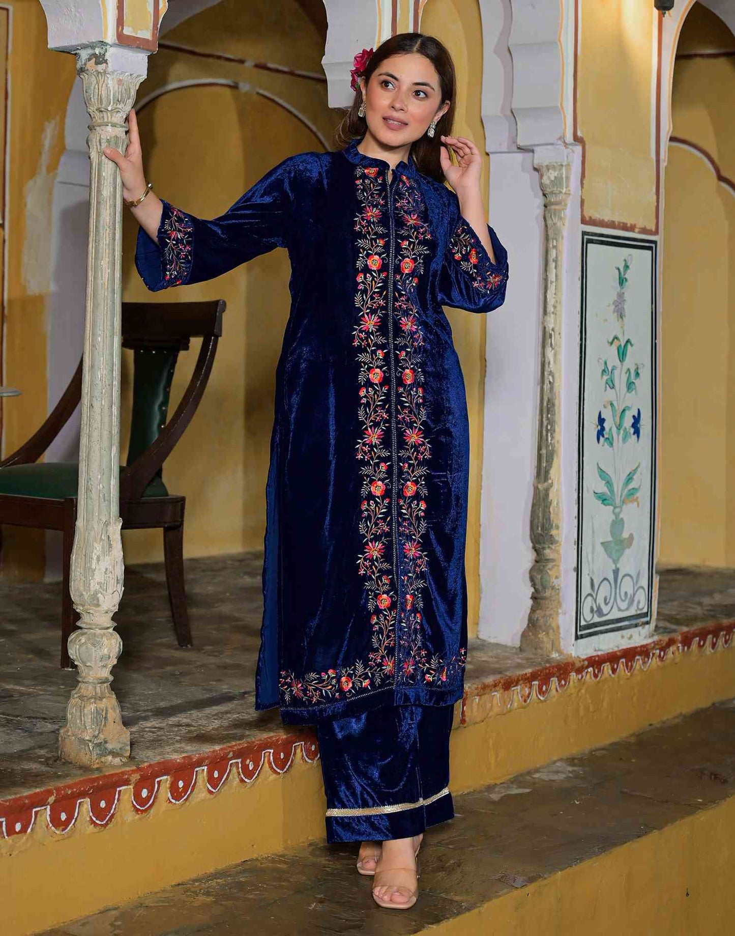 Velvet Straight Embroidered Boat Neck Kurta with Pant & Dupatta