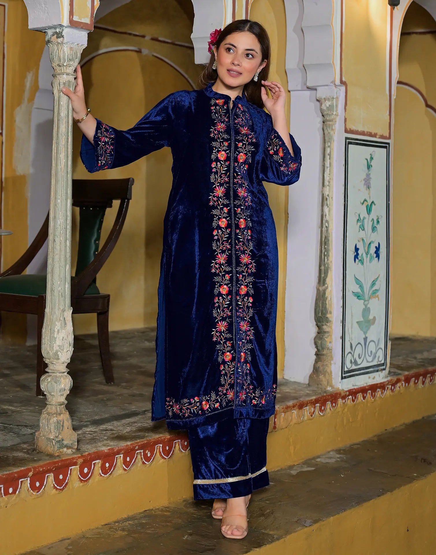 Velvet Embroidered Straight 3 Piece Kurta Set