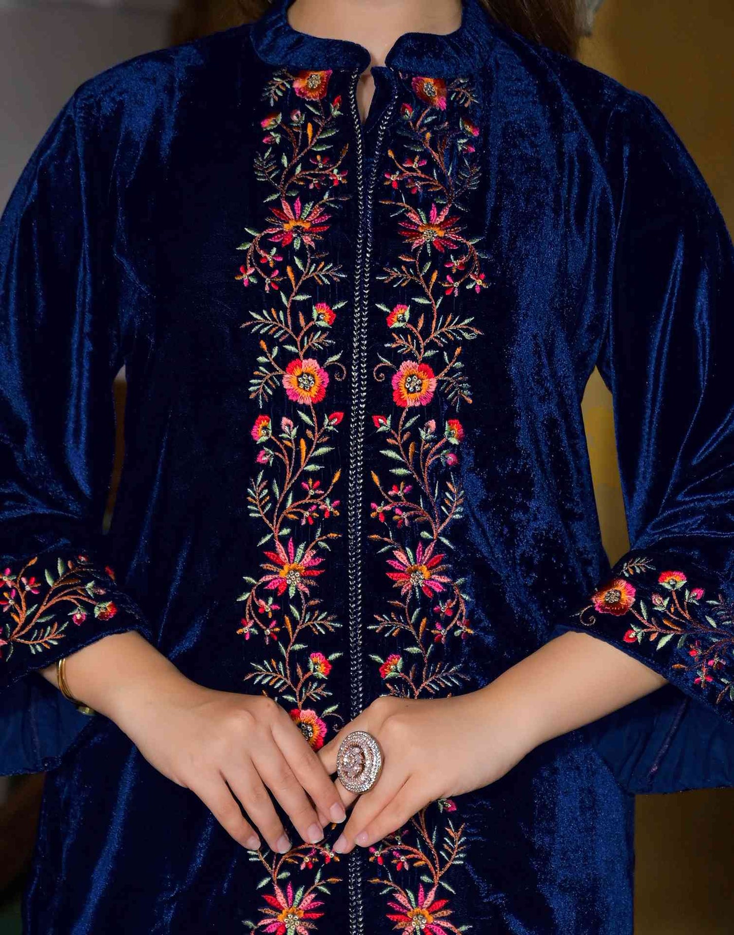 Velvet Straight Embroidered Boat Neck Kurta with Pant & Dupatta