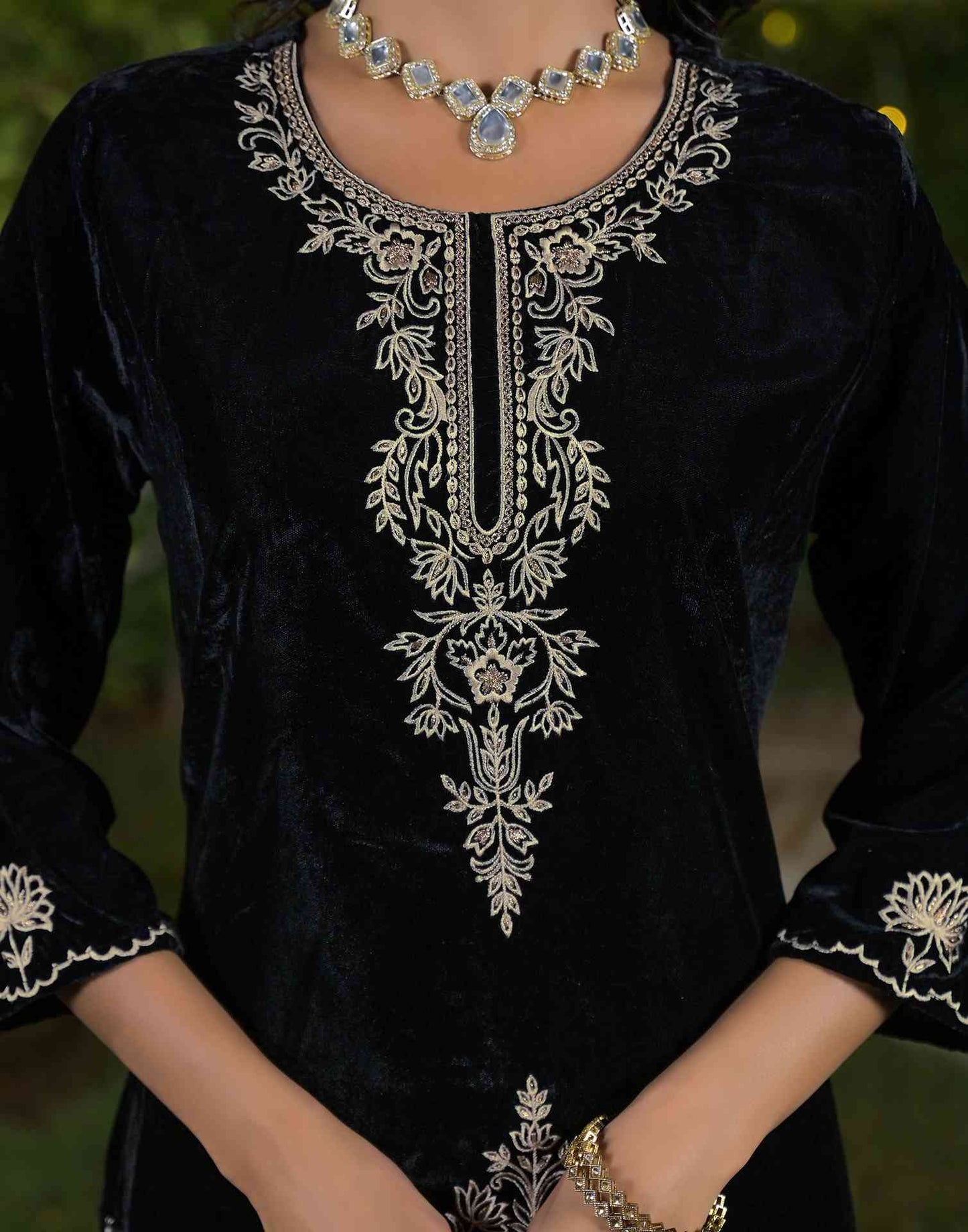 Velvet Straight Embroidered Round Neck Kurta with Pant & Dupatta