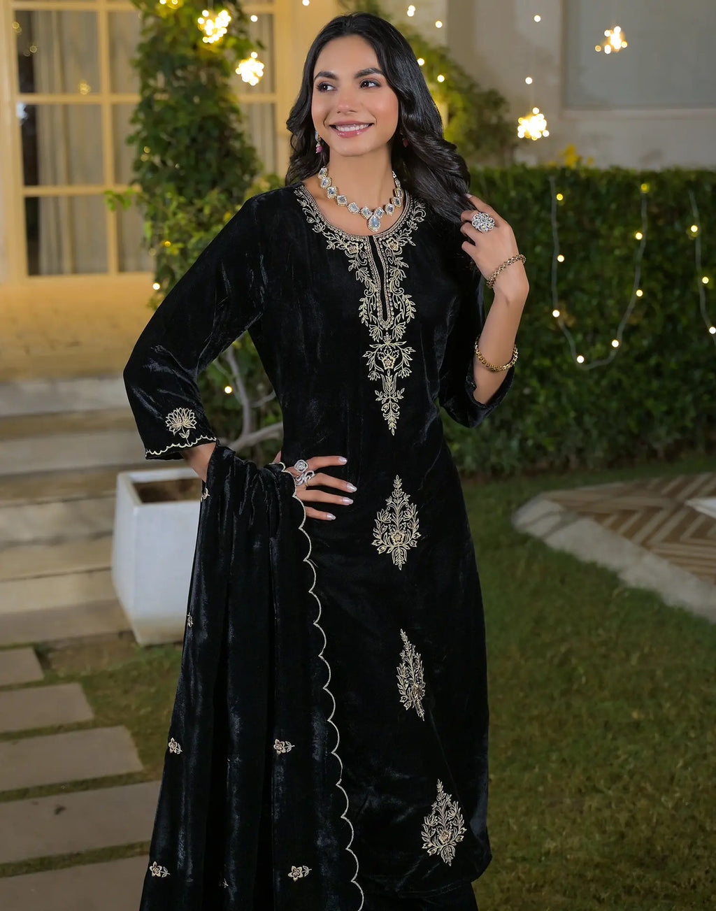 Velvet Embroidered Straight 3 Piece Kurta Set