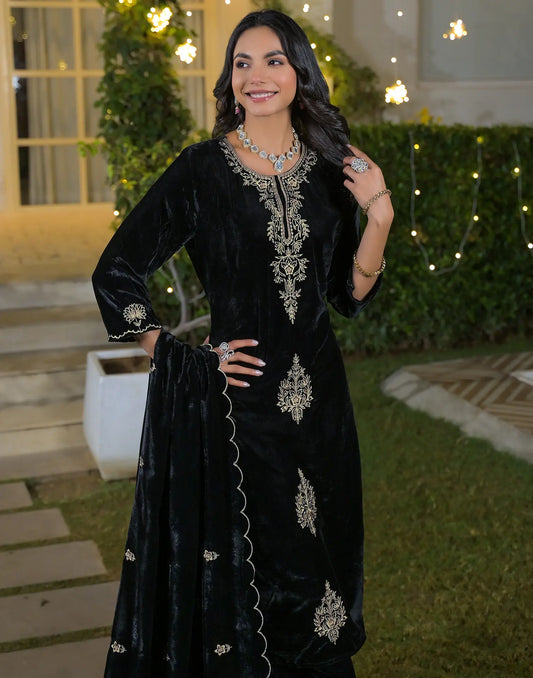 Velvet Embroidered Straight 3 Piece Kurta Set