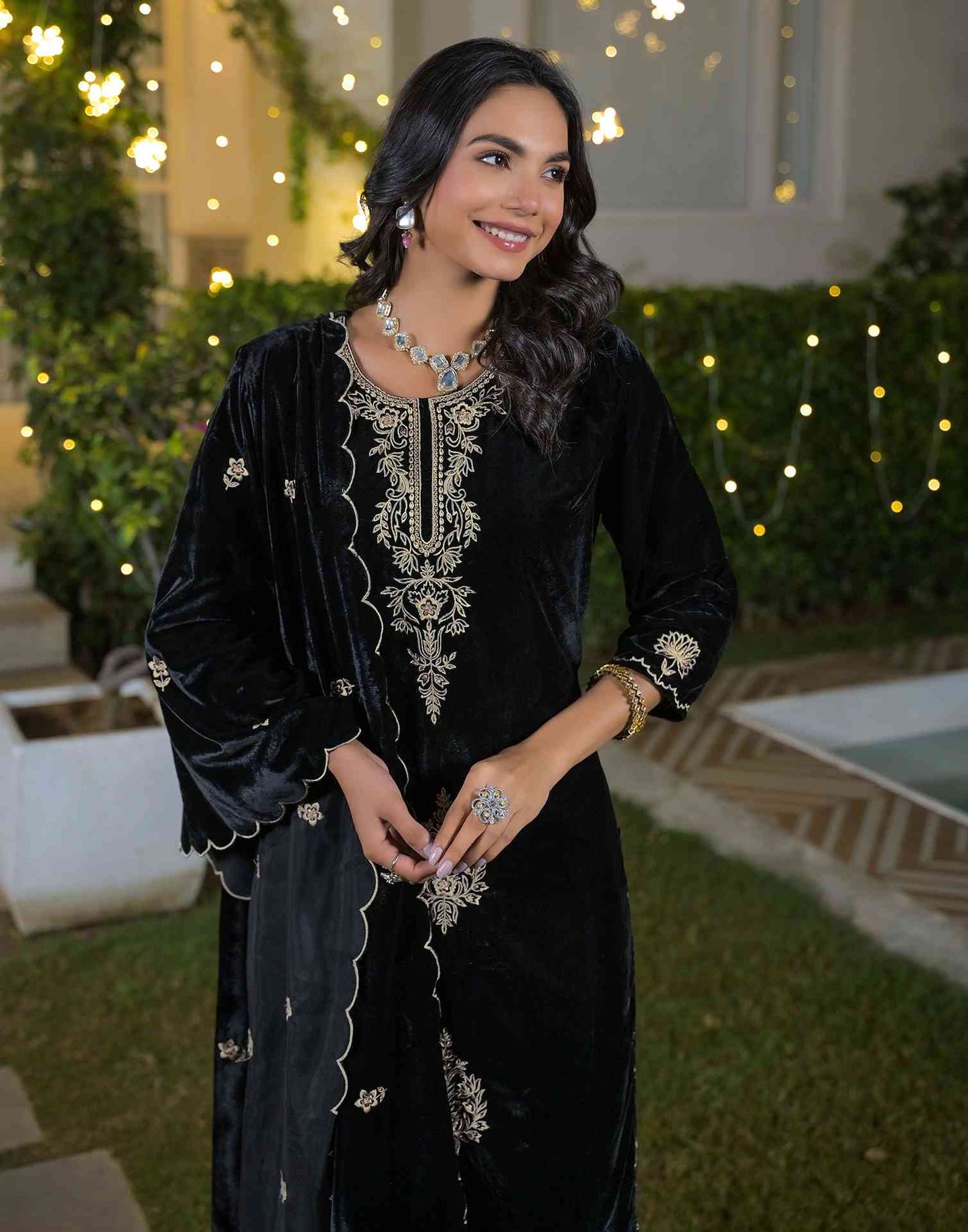 Velvet Straight Embroidered Round Neck Kurta with Pant & Dupatta