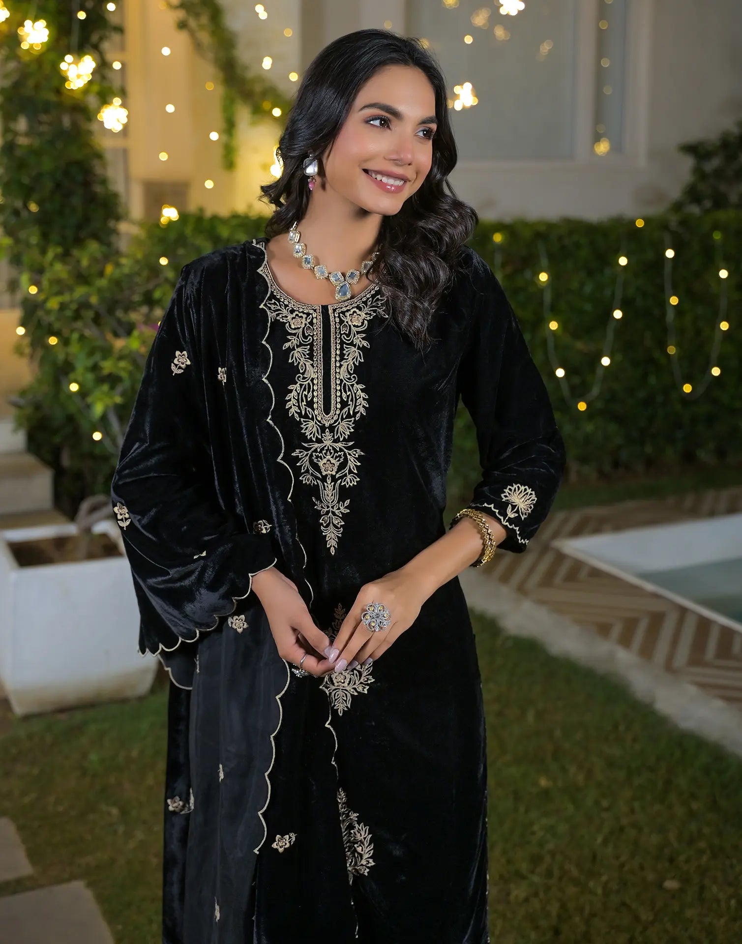 Velvet Embroidered Straight 3 Piece Kurta Set