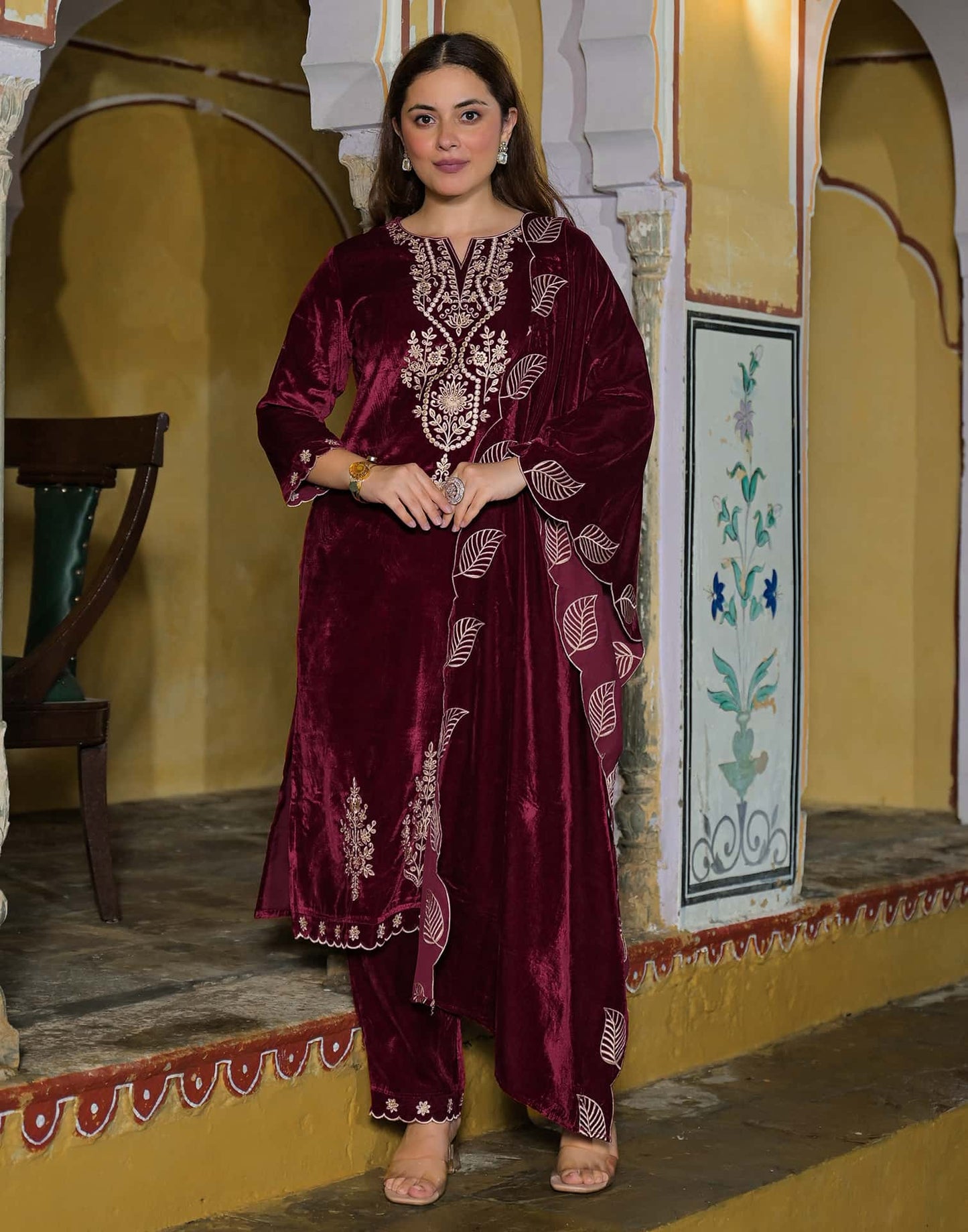Velvet Straight Embroidery V-Neck Kurta with Pant & Dupatta