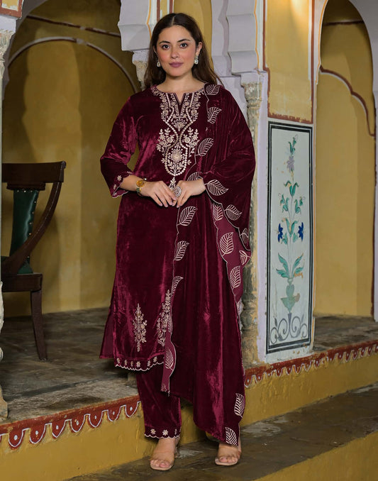 Velvet Straight Embroidery V-Neck Kurta with Pant & Dupatta