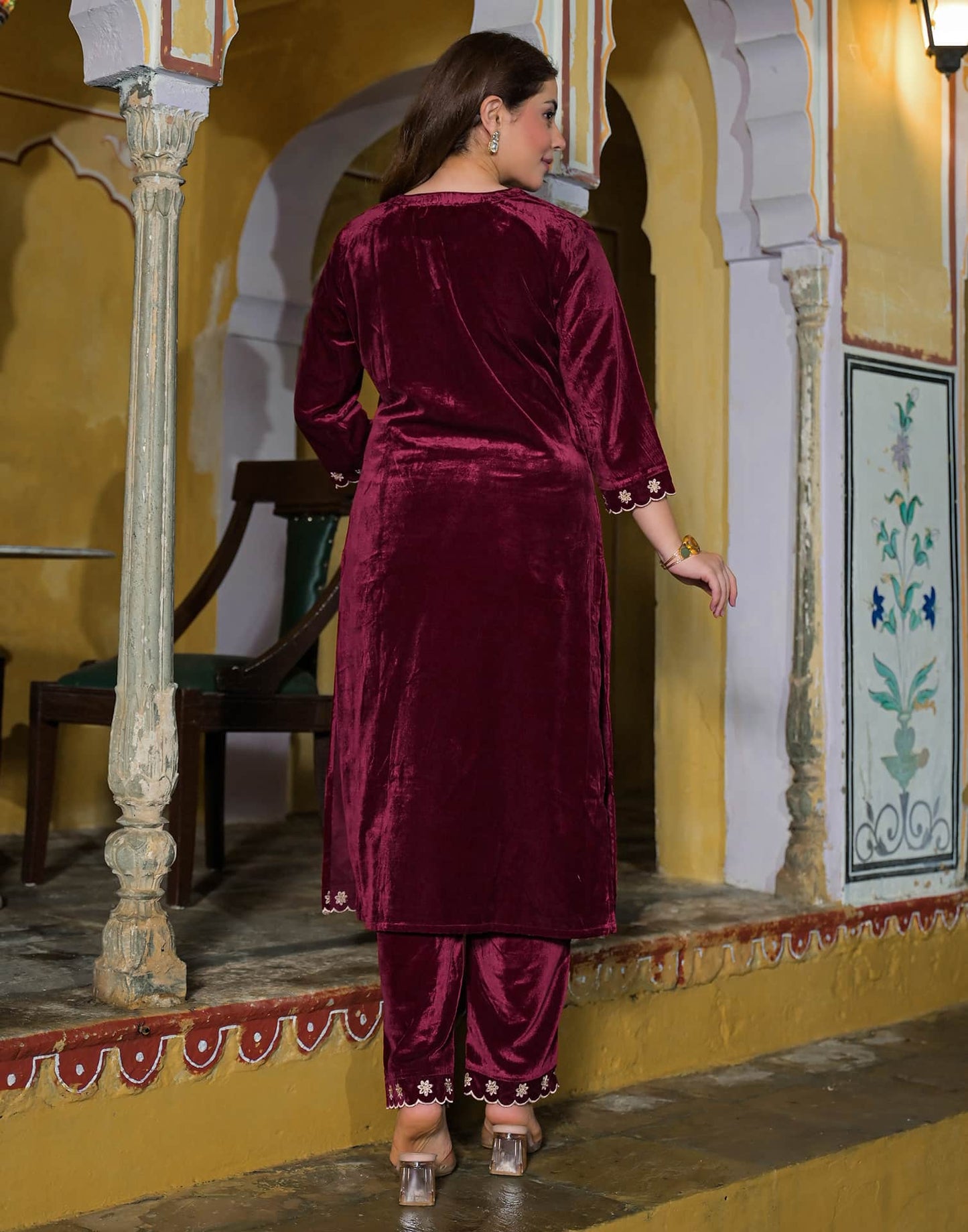 Velvet Straight Embroidery V-Neck Kurta with Pant & Dupatta