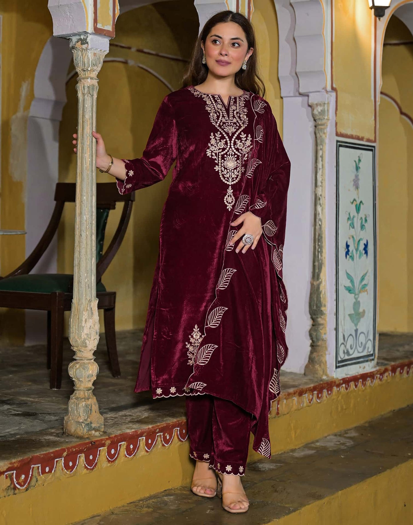 Velvet Straight Embroidery V-Neck Kurta with Pant & Dupatta