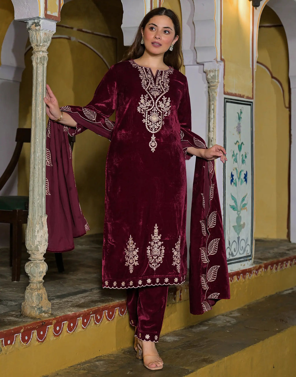 Velvet Embroidered Straight 3 Piece Kurta Set
