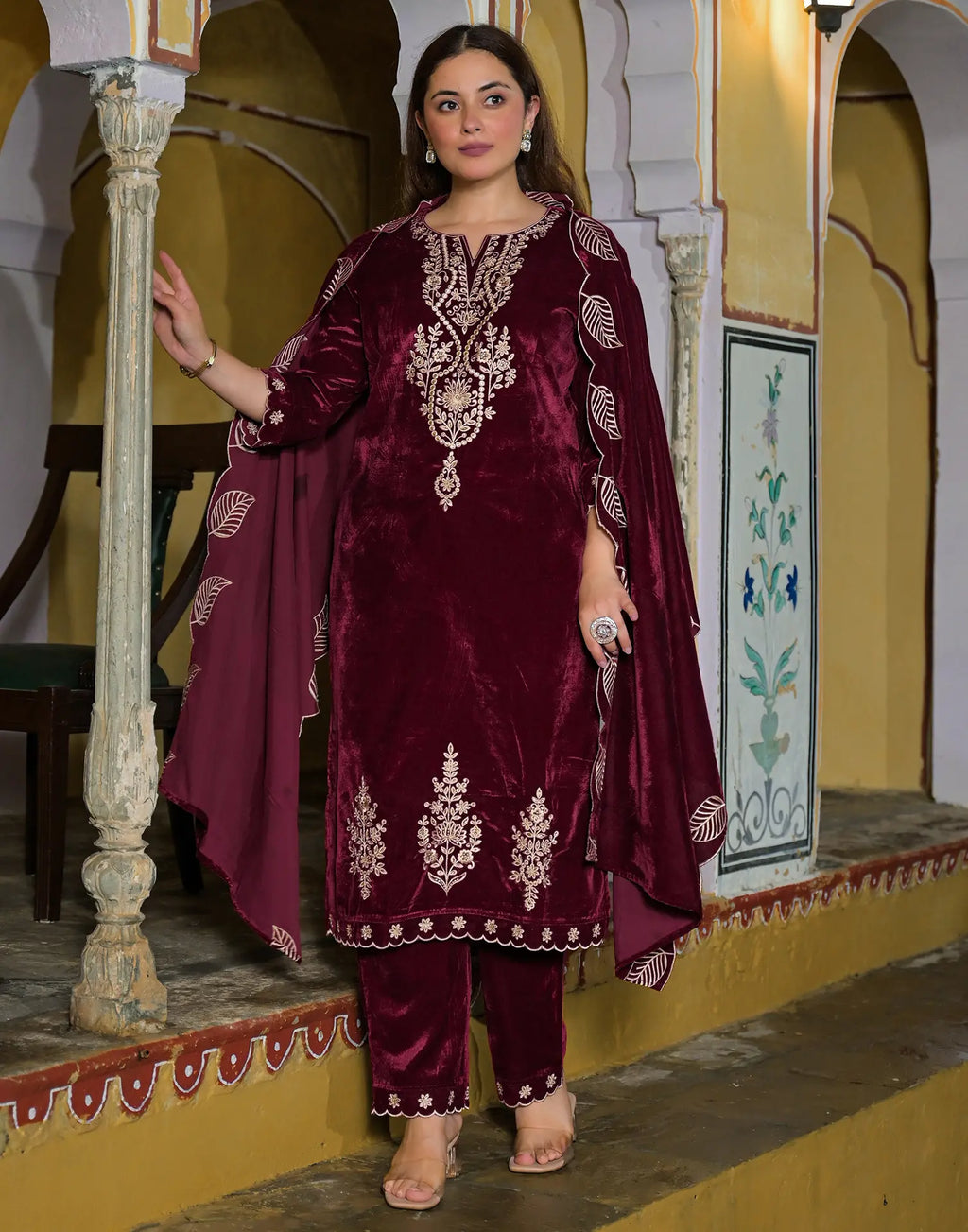 Velvet Embroidered Straight 3 Piece Kurta Set