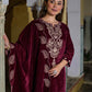 Velvet Straight Embroidery V-Neck Kurta with Pant & Dupatta
