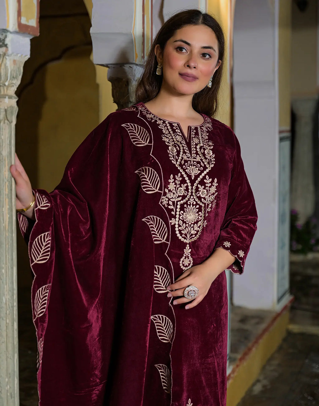 Velvet Embroidered Straight 3 Piece Kurta Set