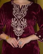 Velvet Embroidered Straight 3 Piece Kurta Set