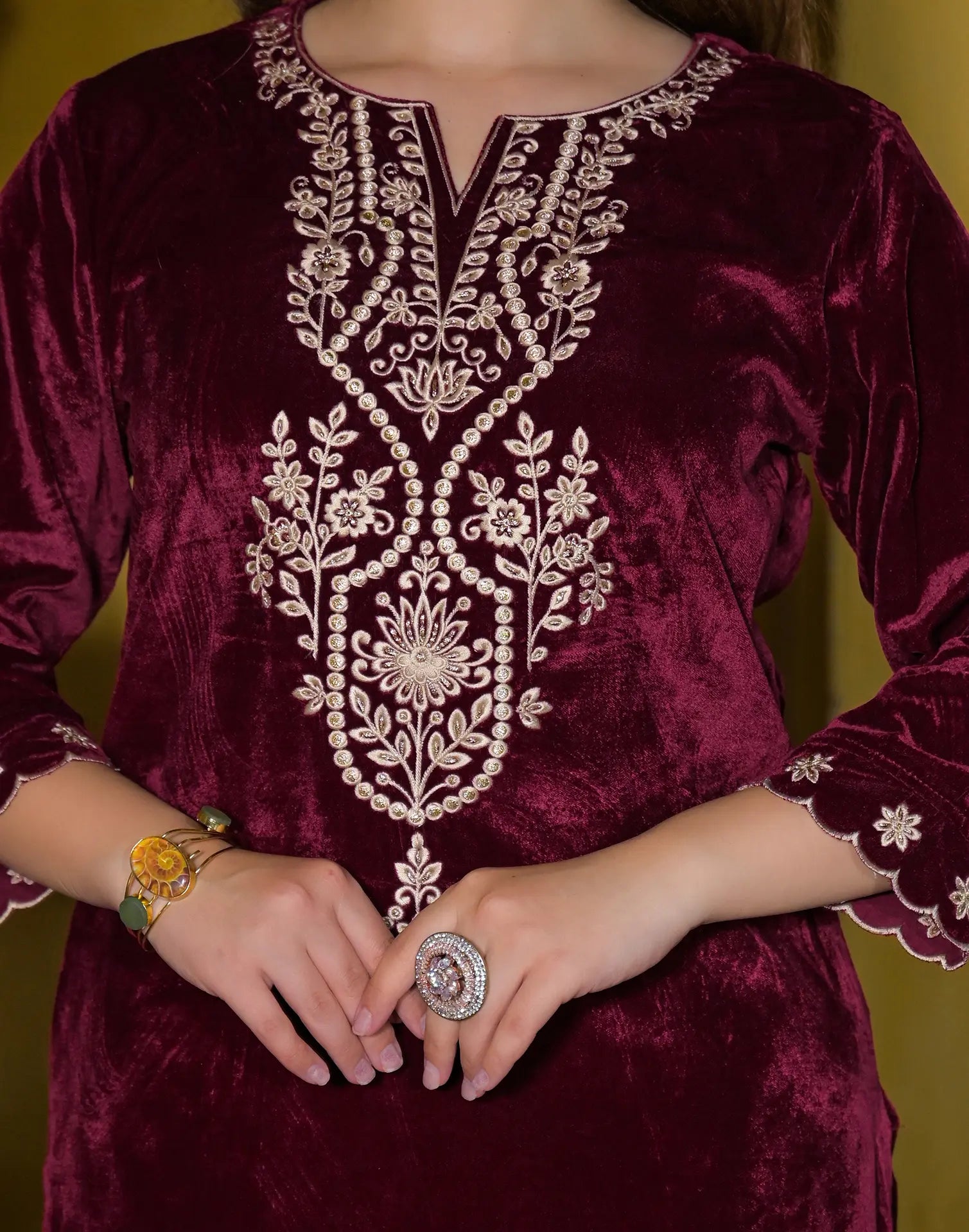 Velvet Embroidered Straight 3 Piece Kurta Set