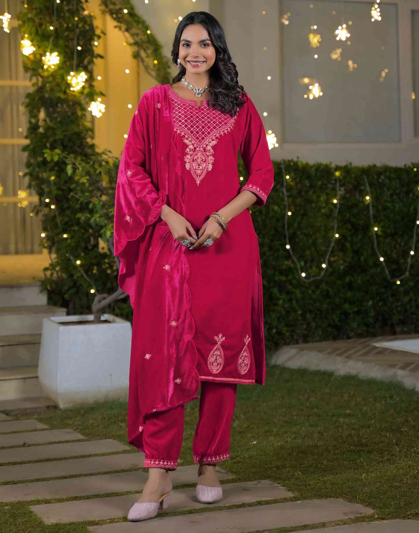Velvet Straight Embroidered V-Neck Kurta with Pant & Dupatta