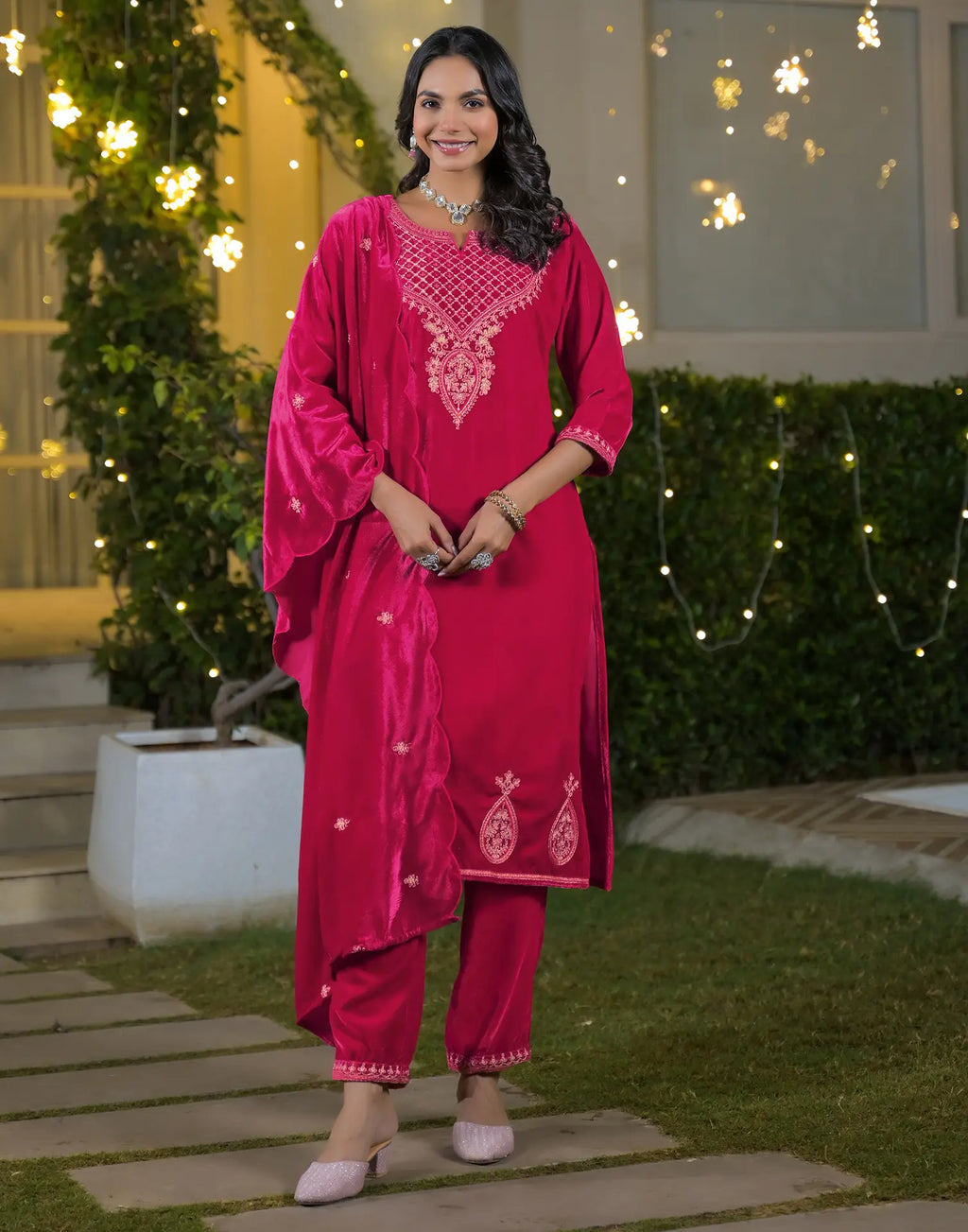 Velvet Embroidered Straight 3 Piece Kurta Set