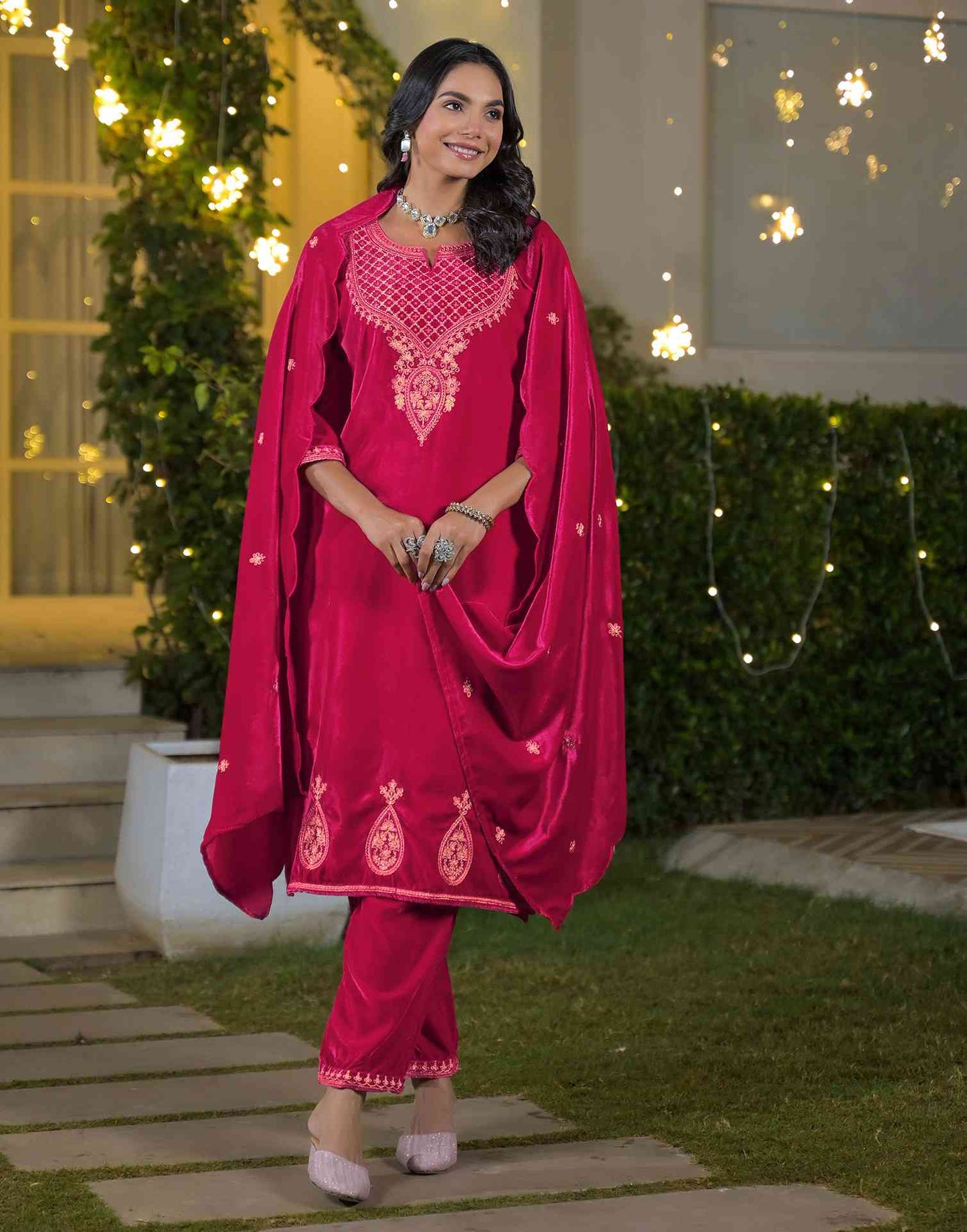 Velvet Straight Embroidered V-Neck Kurta with Pant & Dupatta