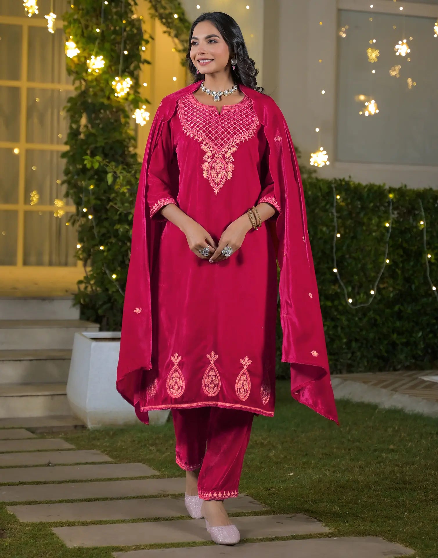 Velvet Embroidered Straight 3 Piece Kurta Set