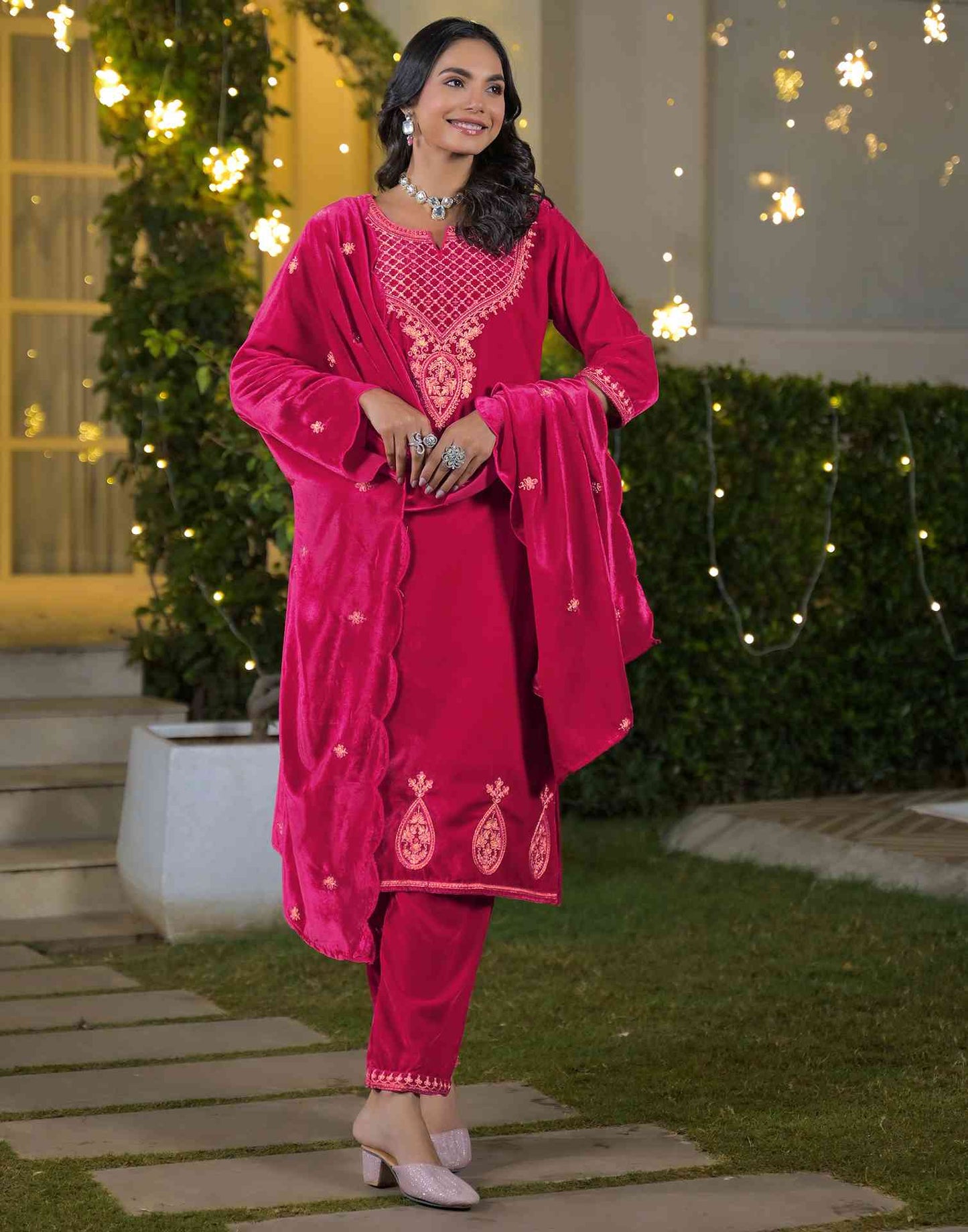 Velvet Straight Embroidered V-Neck Kurta with Pant & Dupatta