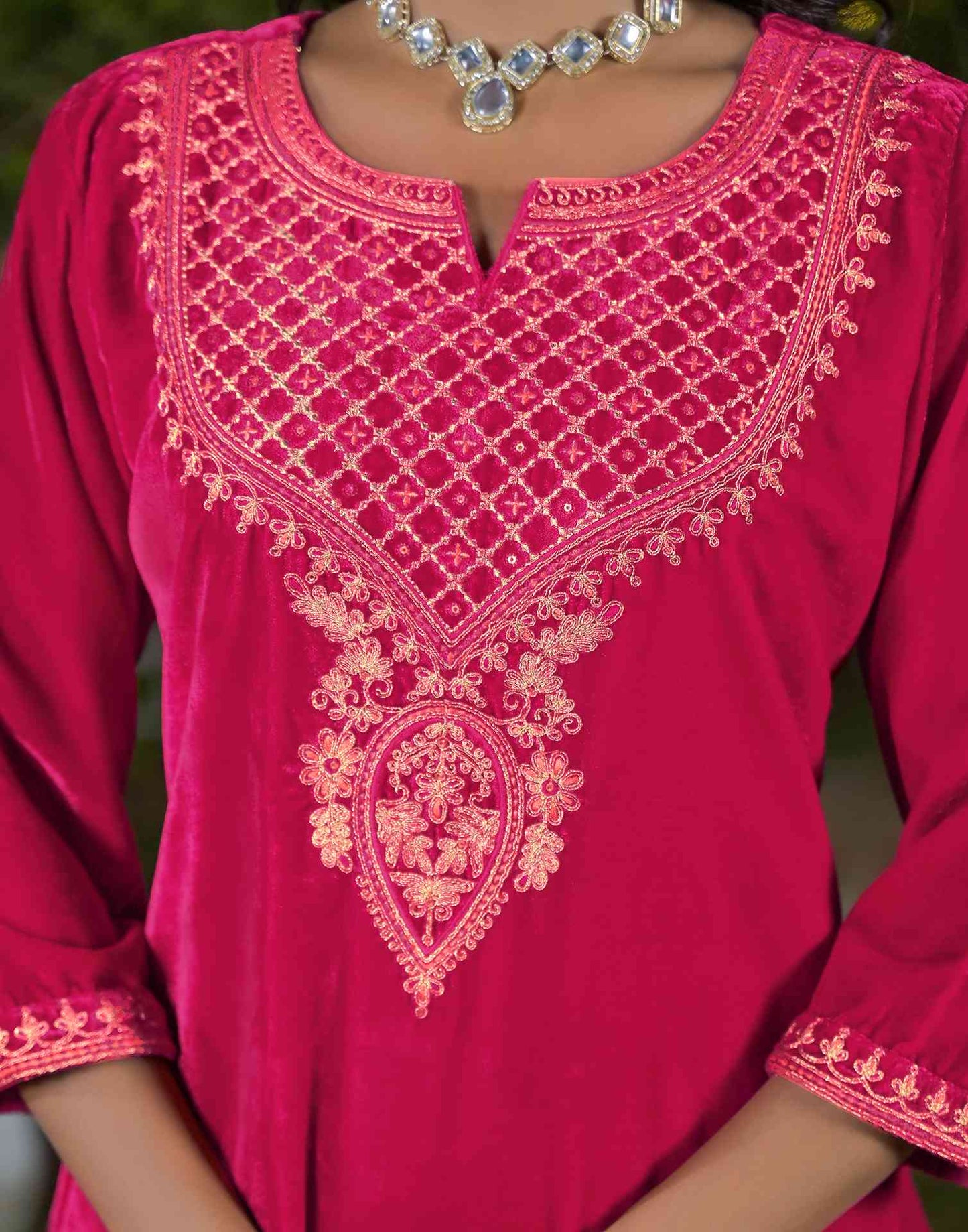 Velvet Straight Embroidered V-Neck Kurta with Pant & Dupatta