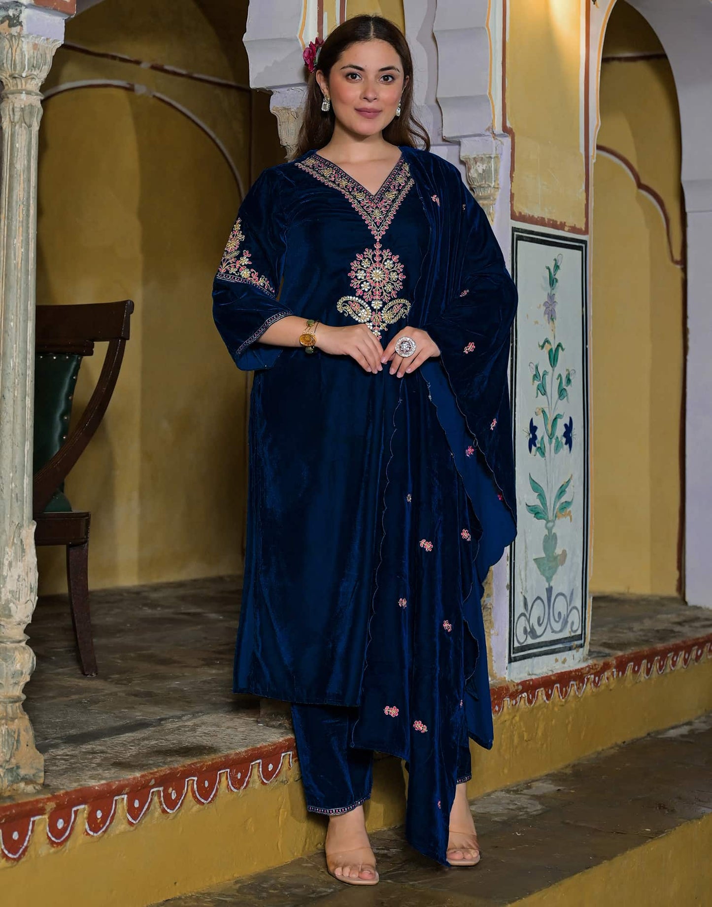Velvet Straight Embroidery V-Neck Kurta with Pant & Dupatta